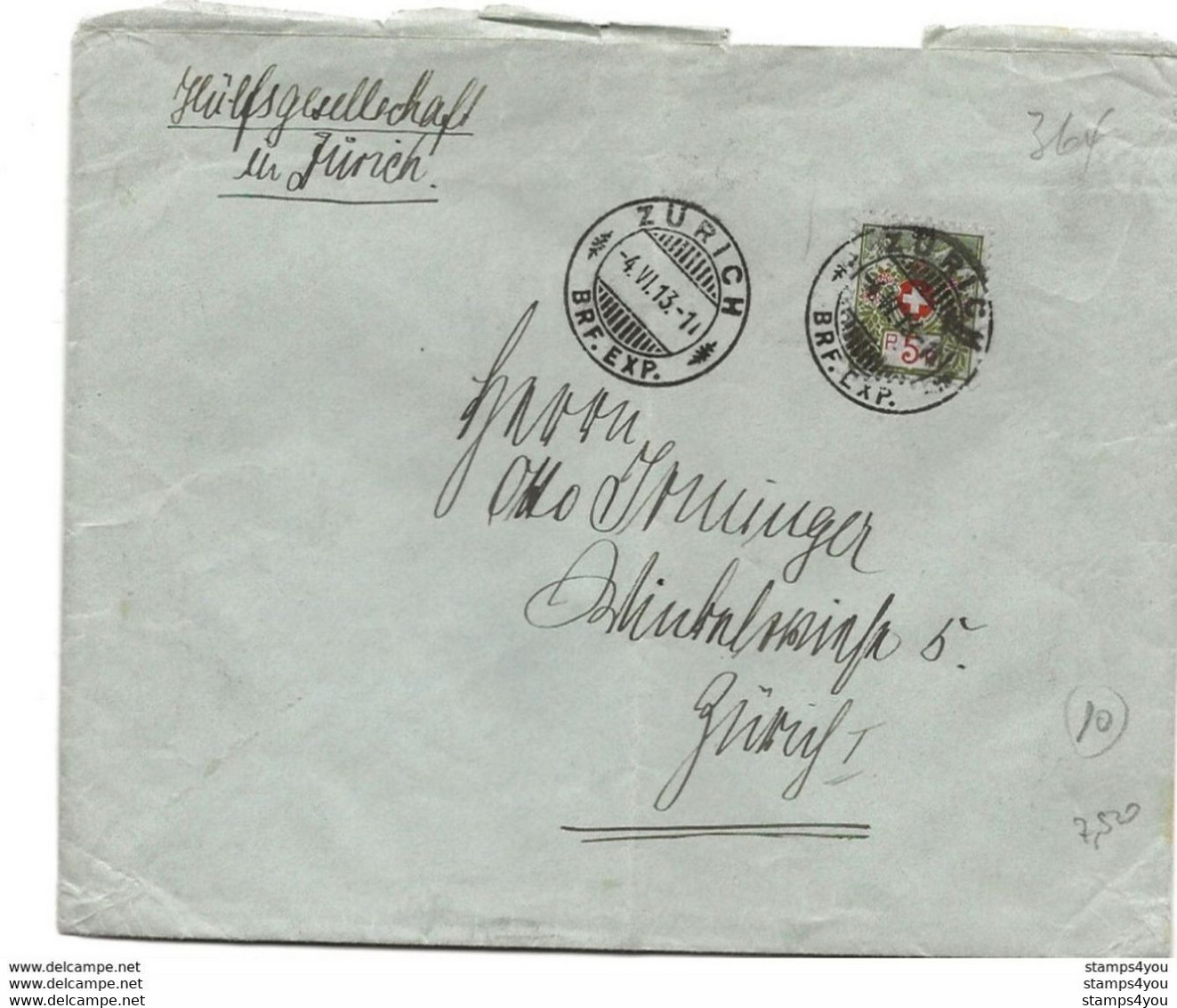 44 - 10 - Enveloppe "Hülfsgesellschaft In Zürich 1913 " Timbre Franchise - Attention Pli Vertical Au Milieu - Portofreiheit