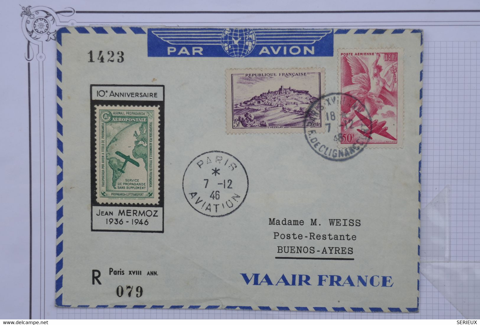 AU9 FRANCE BELLE LETTRE 1946 PARIS POUR BUENOS AYRES+PORTE TIMBRE MERMOZ +AEROPHILATELIE + AFF. PLAISANT - 1927-1959 Lettres & Documents