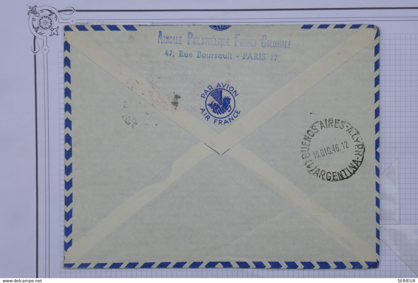 AU9 FRANCE BELLE LETTRE 1946 PARIS POUR BUENOS AYRES+PORTE TIMBRE MERMOZ +AEROPHILATELIE + AFF. PLAISANT - 1927-1959 Lettres & Documents