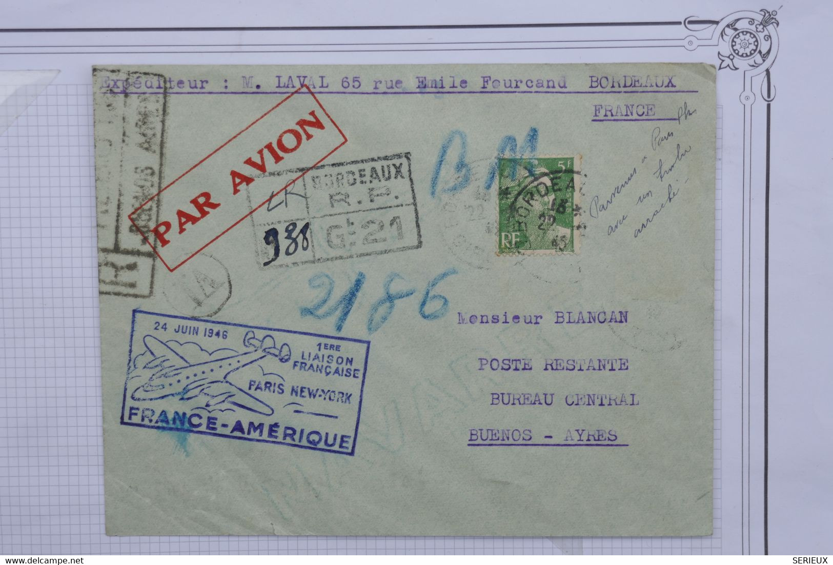 AU9 FRANCE BELLE LETTRE CURIOSITé RARE  1946 A BUENOS AYRES ARGENTINA  +TIMBRE ARRACHé PENDANT LE VOYAGE + AFF. PLAISANT - 1927-1959 Lettres & Documents