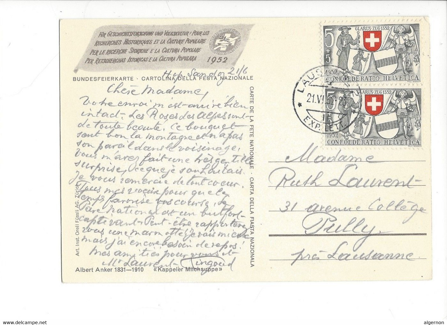 30019 - Pro Patria 1952 Sur Carte Postale Anker Kappeler Milchsuppe Lausanne  21.006.52 Pour Pully - Storia Postale