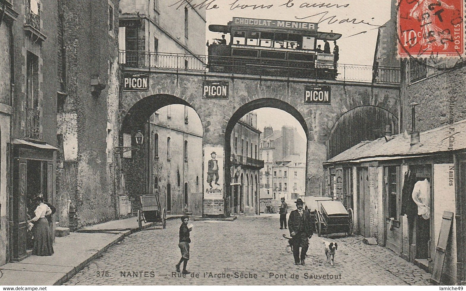 Nantes Rue De L'Arche Sèche Pont Sauvetout Tramways De Tourisme Timbre 1908 Semeuse 10c PEU COURANTE - Nantes