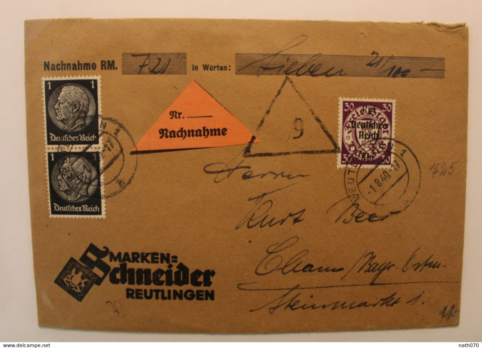 1940 Nachnahme Reutlingen Dt Reich Cover Einschreiben - Lettres & Documents