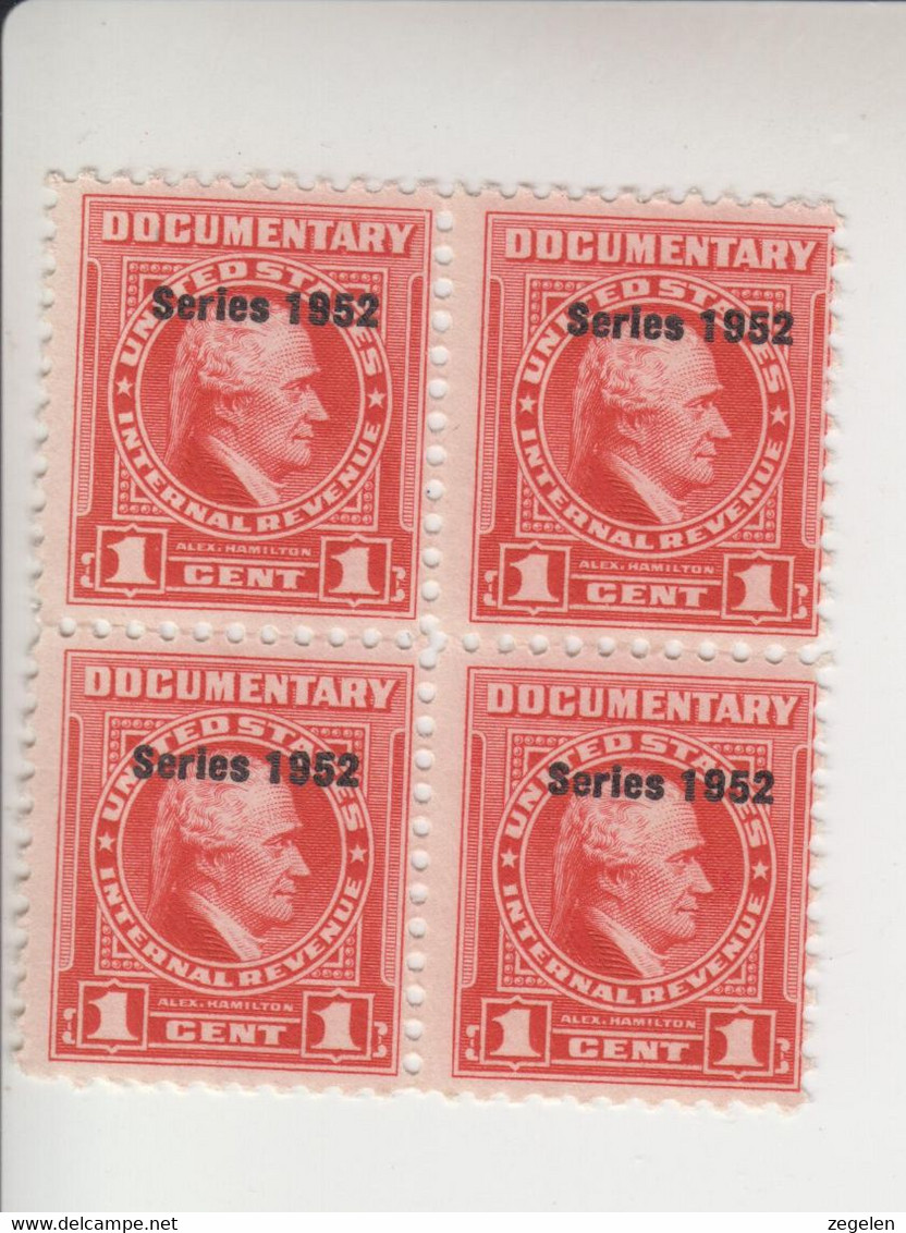 Verenigde Staten Scott Cataloog Fiskale Zegel(Revenue) Jaar 1952  RA586 ** MNH Blok Van 4 - Revenues