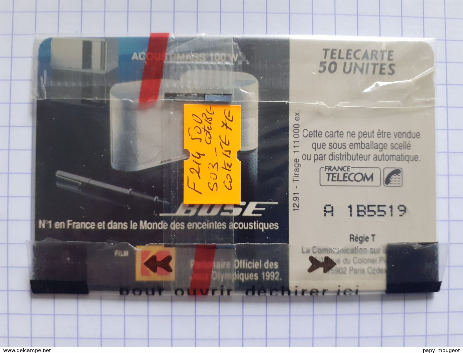 F214 Bose Spécial 50U SO3 12/91 N° A 1B5519 NSB Cote 15€ - Olympische Spiele