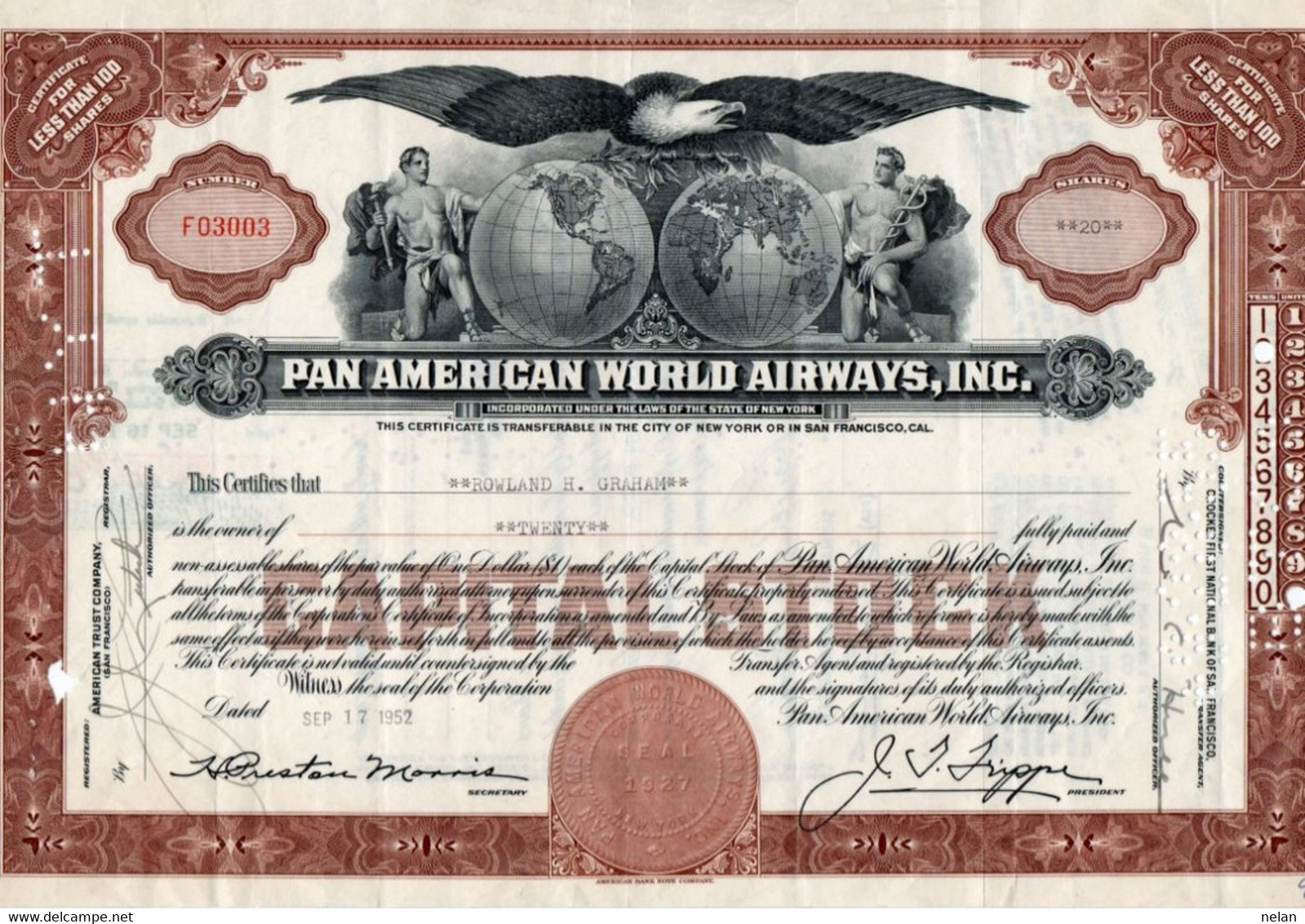 PAN AMERICAN WORLD AIRWAYS , INC.- CERTIFICATE TRANSFERABLE NEW YORK - SAN FRANCISCO -1952 - Aviazione