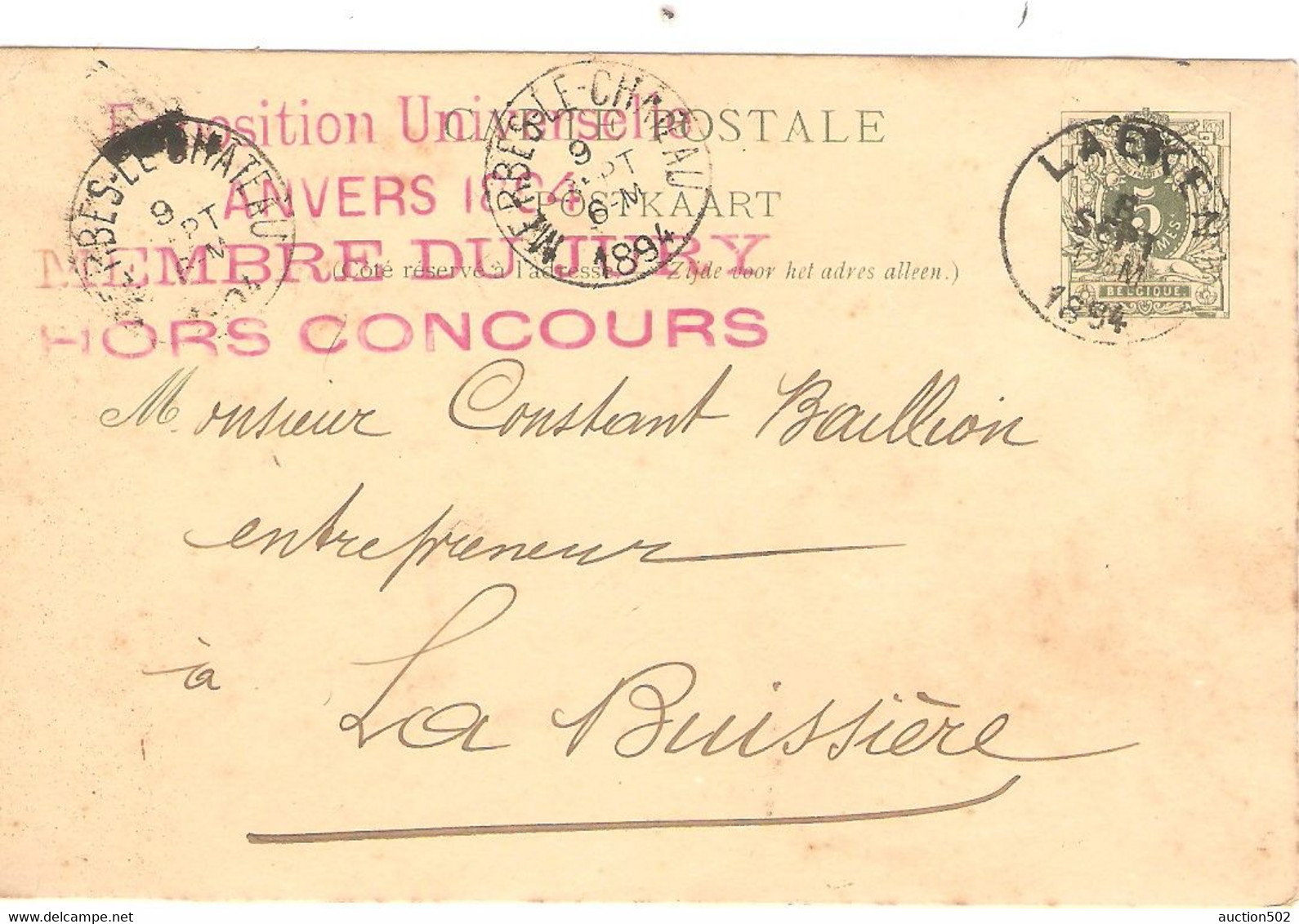 1811PR/ Entier CP 5c Lion Obl. Laeken C. Rouge Exposition Universelle Anvers 1894 Membre Du Jury Hors Concours - 1894 – Antwerpen (België)