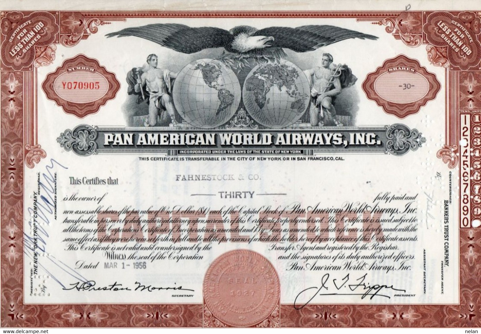 PAN AMERICAN WORLD AIRWAYS,INC.- CERTIFICATE TRANSFERABLE NEW YORK - SAN FRANCISCO -1956 - Aviation