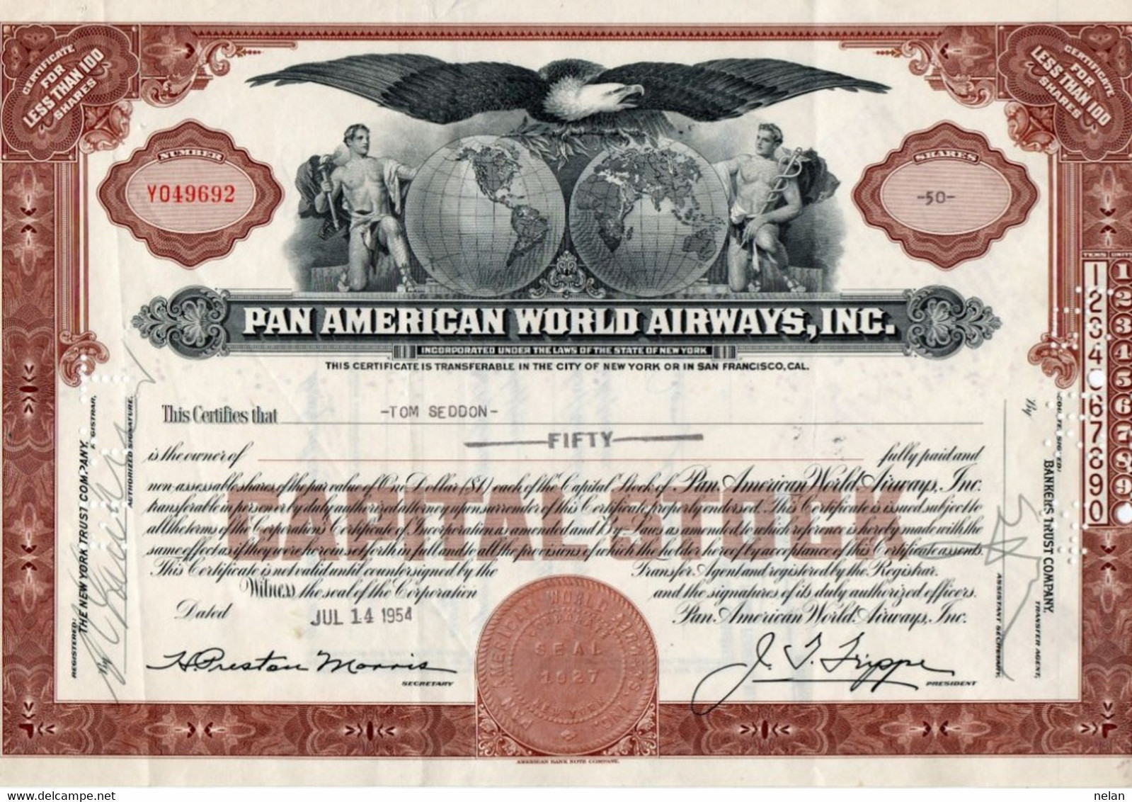 PAN AMERICAN WORLD AIRWAYS,INC.- CERTIFICATE TRANSFERABLE NEW YORK - SAN FRANCISCO -1954 - Aviazione