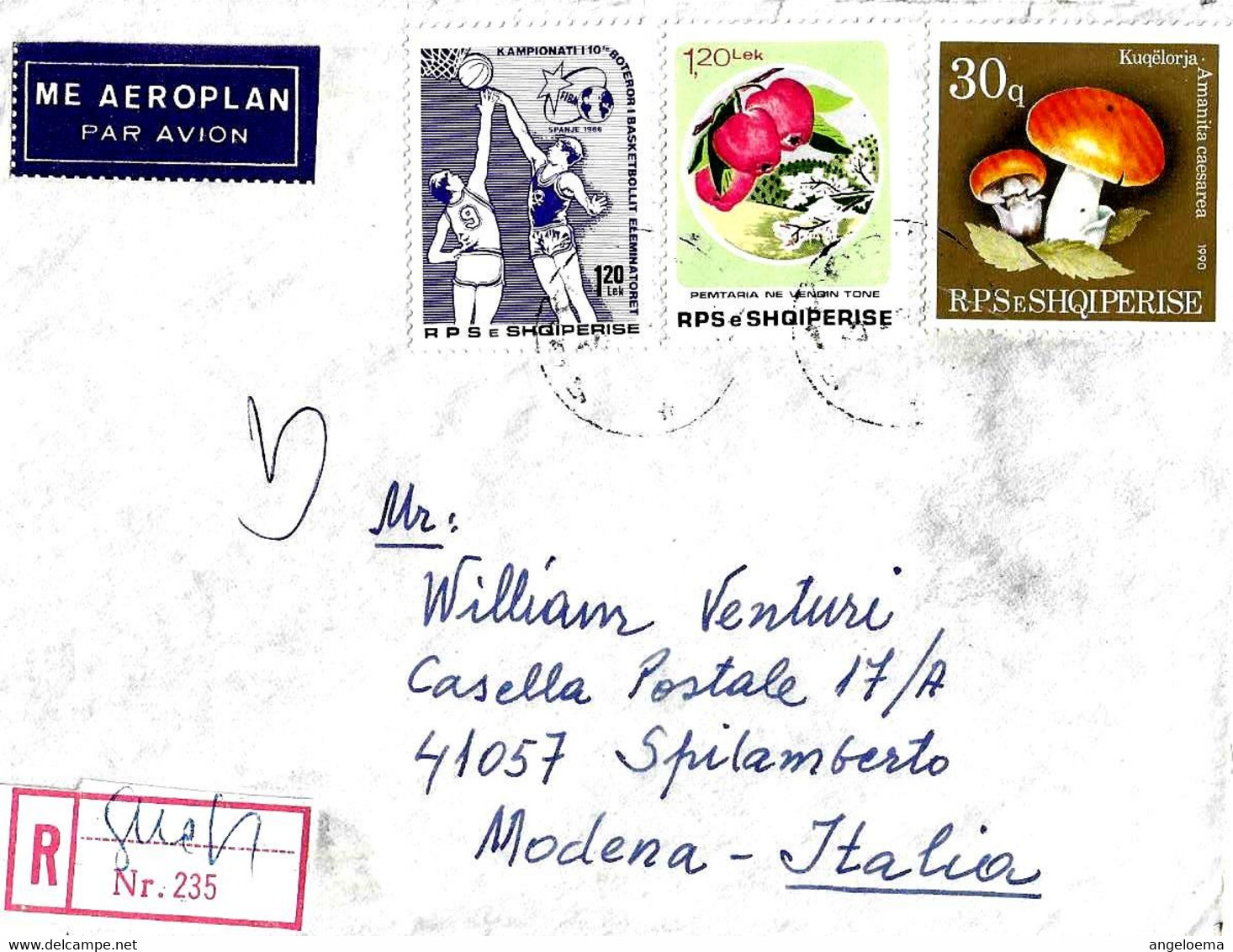 ALBANIA - 1991 SHKODER (SCUTARI) Lettera Racc. Per Italia Con 3 Francobolli (basket, Fiori E Frutta, Funghi) - 6921 - Albanie