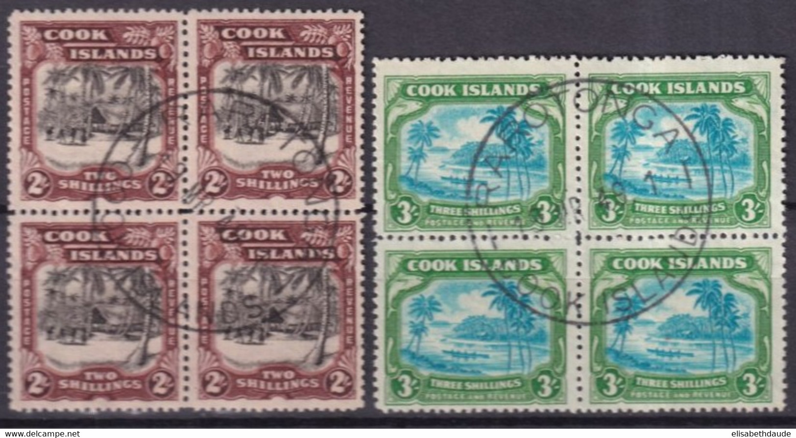 COOK - 1944 - YVERT N° 69/70 BLOCS De 4 OBLITERES 1949 RAROTONGA - COTE = 202 EUR. - - Islas Cook