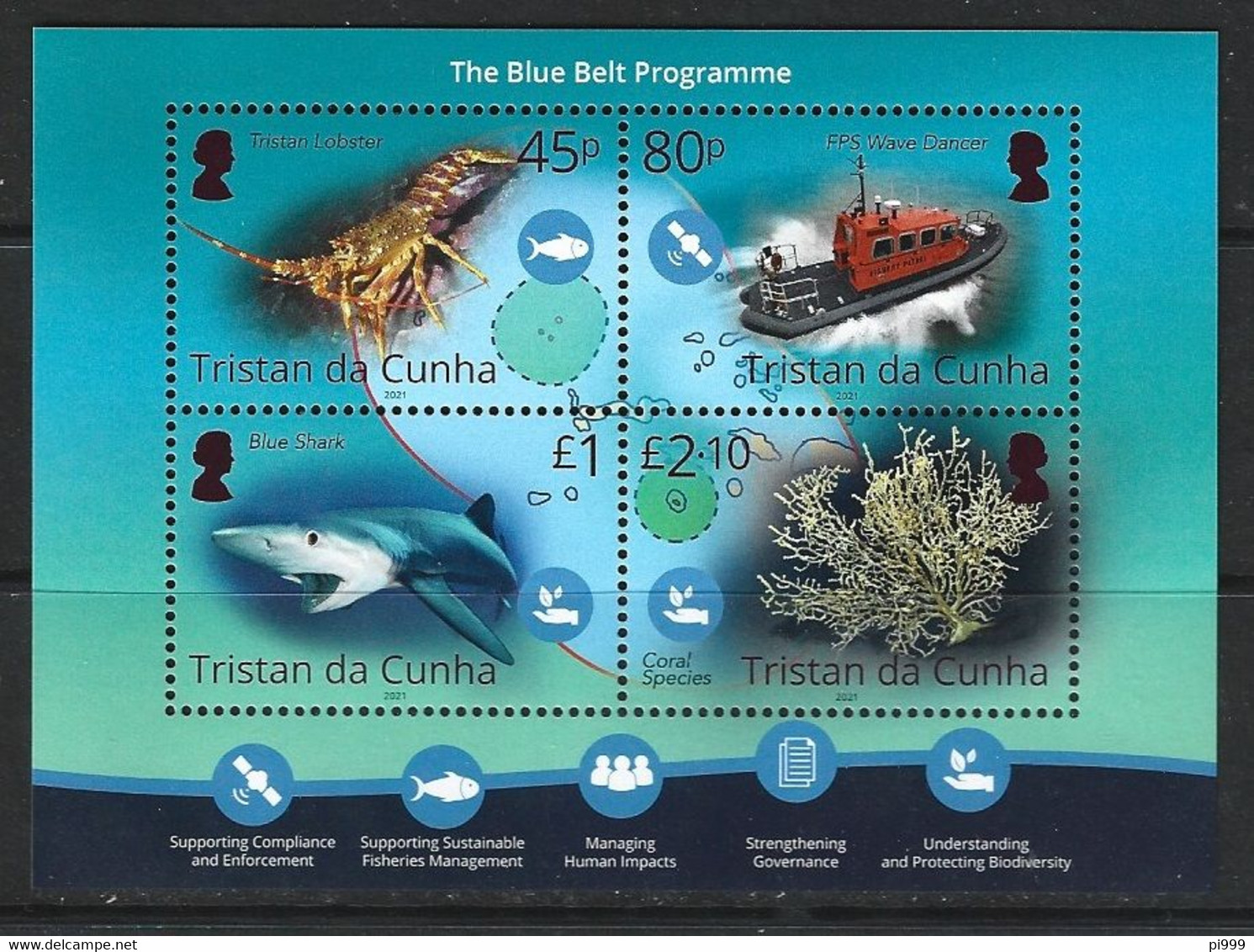 Tristan Da Cunha (2021) Blue Belt Programme; Marine Life (lobster, Blue Shark, Ship, Coral) - Sheetlet (MNH) - Altri & Non Classificati