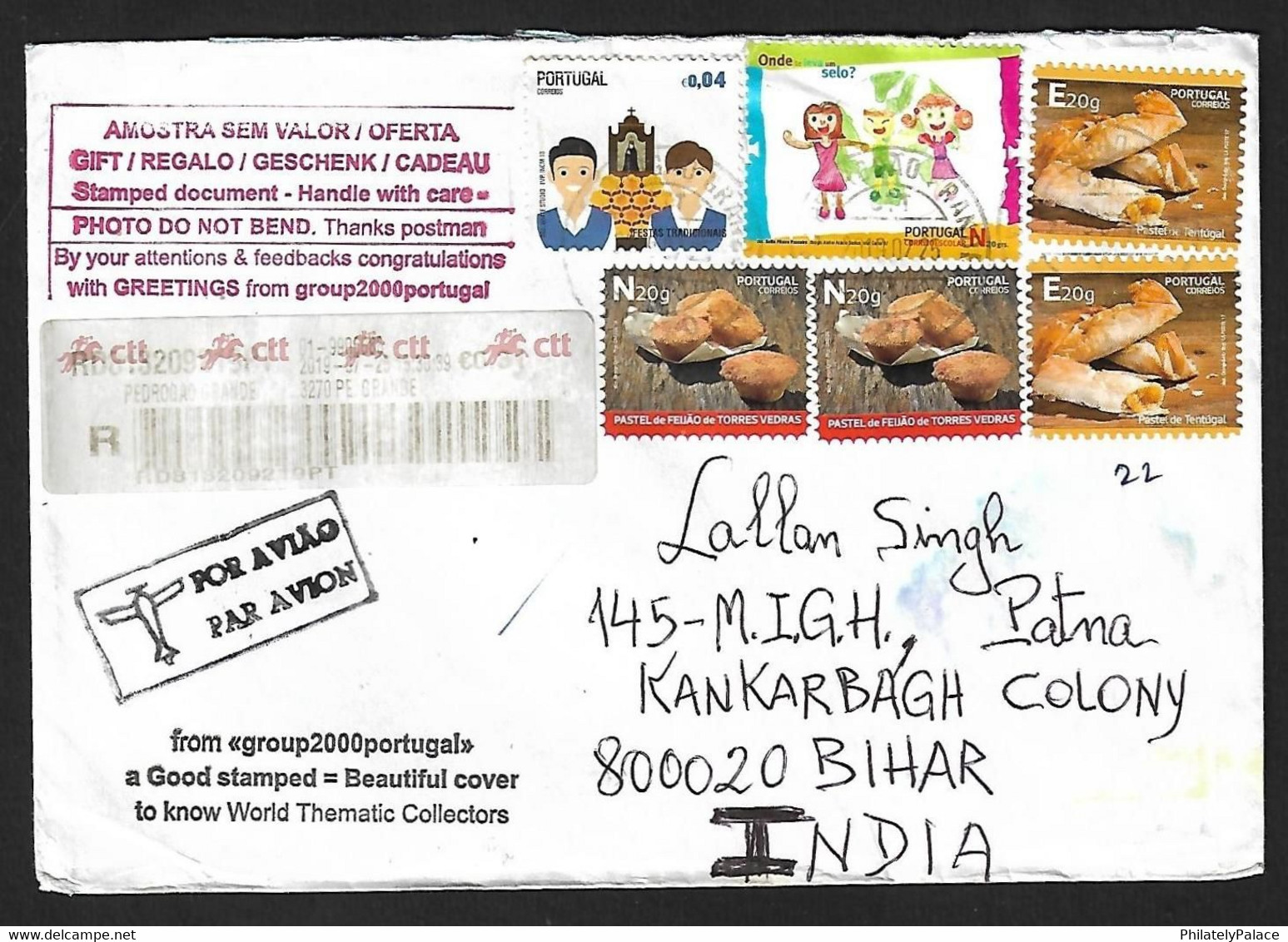 Portugal 2019 Registered Cover, Beaultiful Colourful, Gastronomy Food, Bread, Chruch , Children Earth To India (**) - Cartas & Documentos