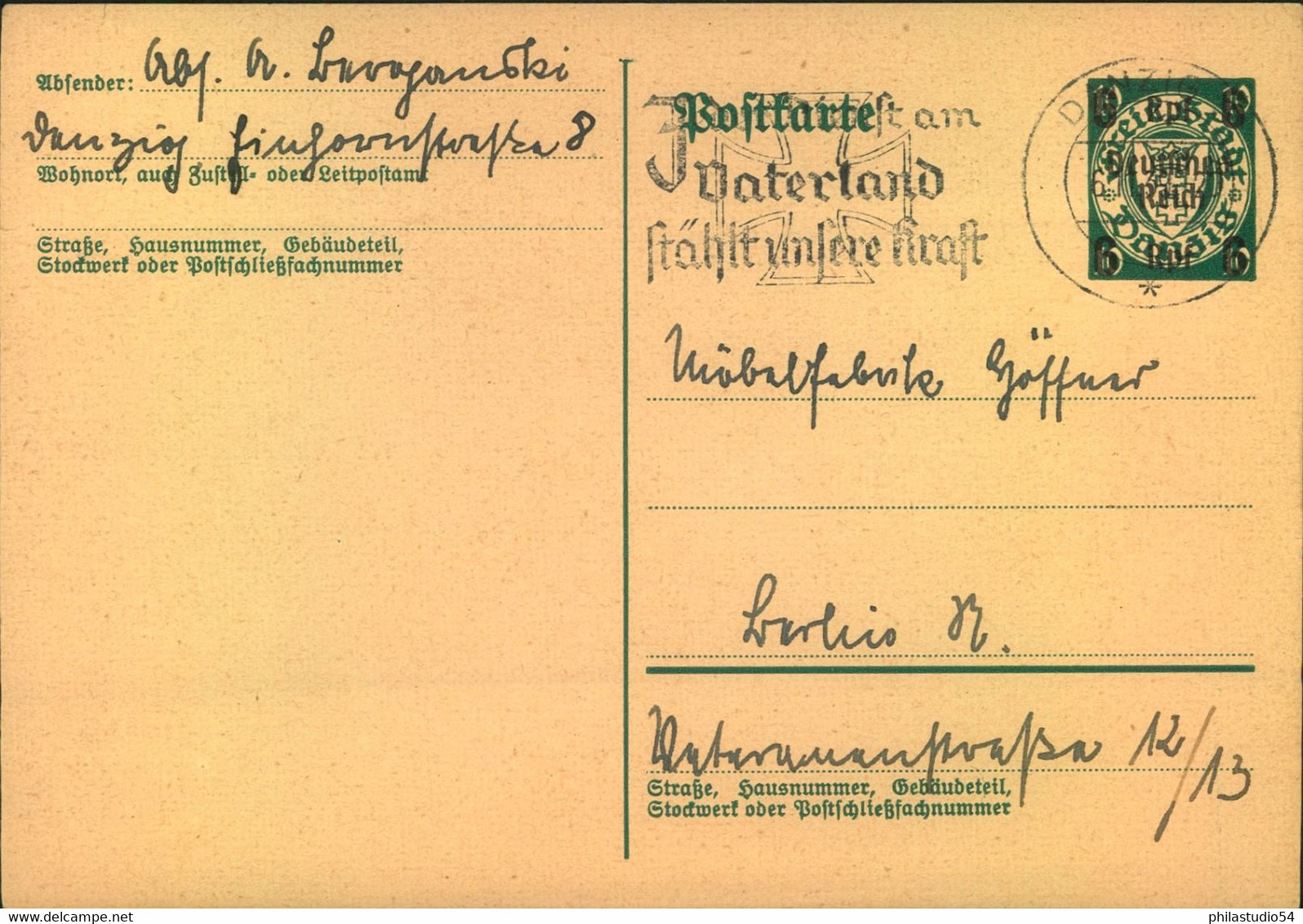 1939, 6 Pfg Danzig GSK Mizt  Aufdrzck  "DeutscheS ReicH" Ab DANZIG-LANGFUGR - Autres & Non Classés