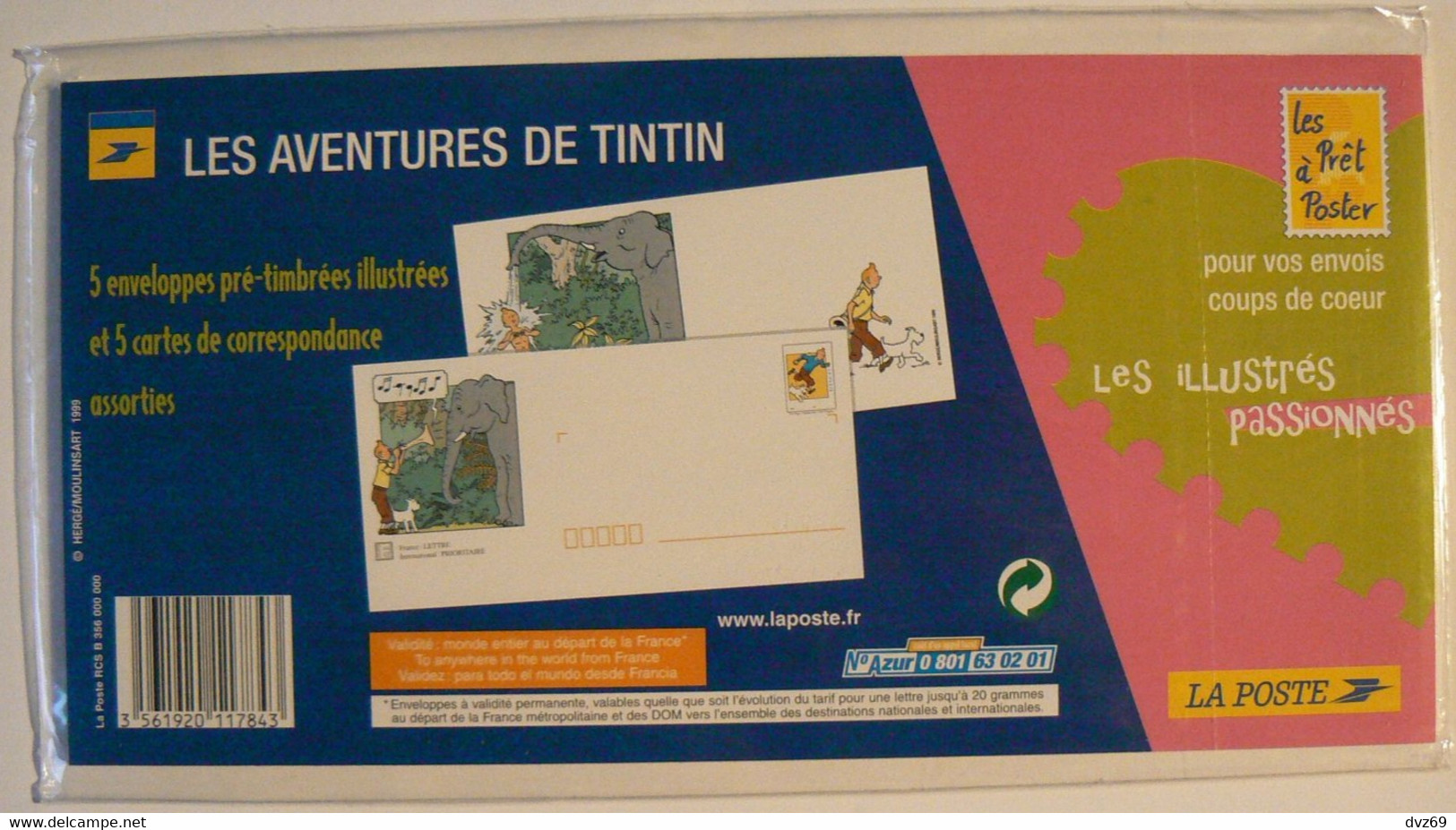 TINTIN 1999, 5 Enveloppes Pré-timbrées Illustrées + Cartes Assorties, Encore Sous Blister D'origine, TB. - Konvolute: Ganzsachen & PAP