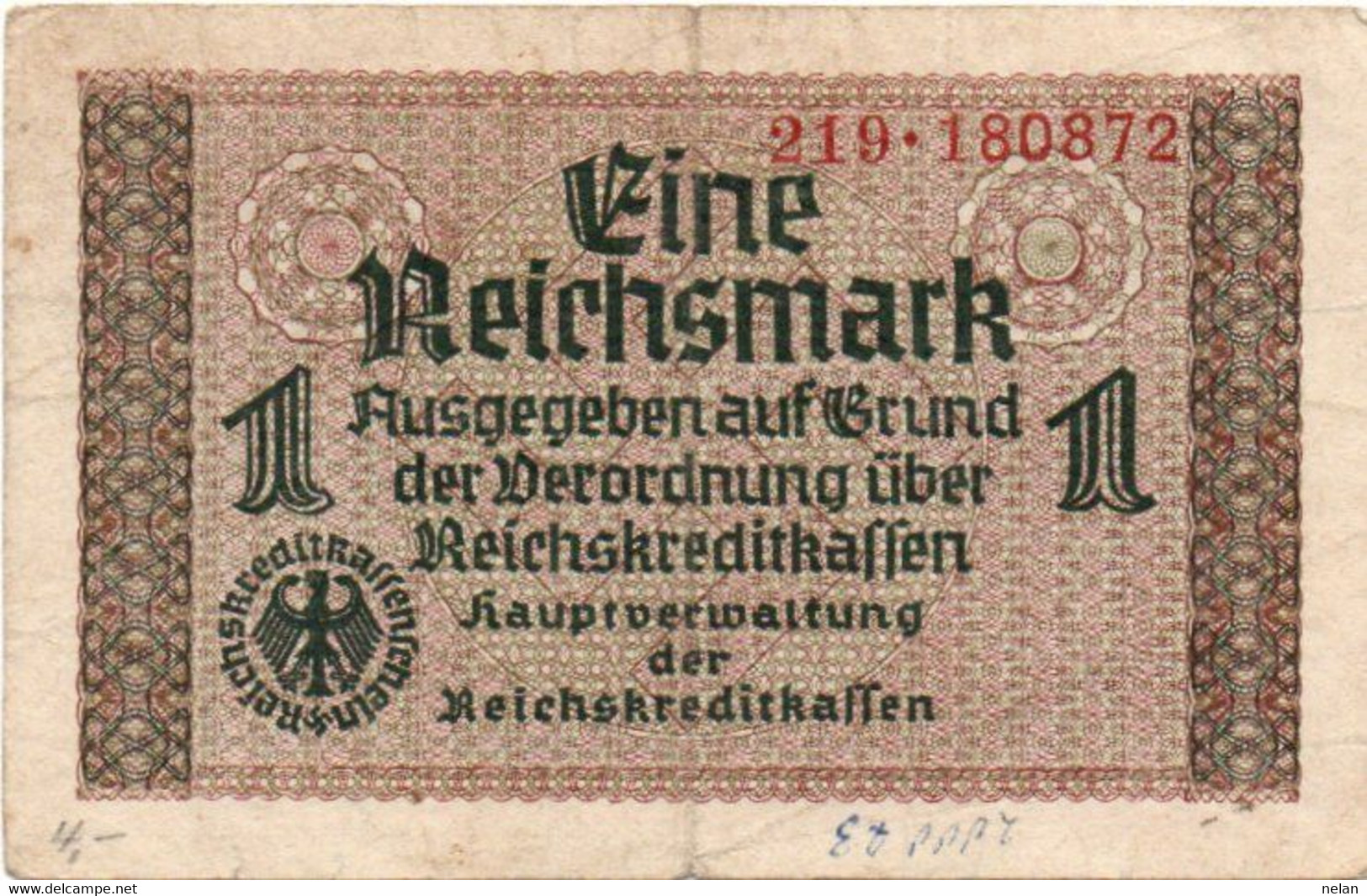 GERMANY-. 1 REICHSMARK 1940 **- Wor:P-R136a, Ros:R-551a CIRC. - 1 Mark