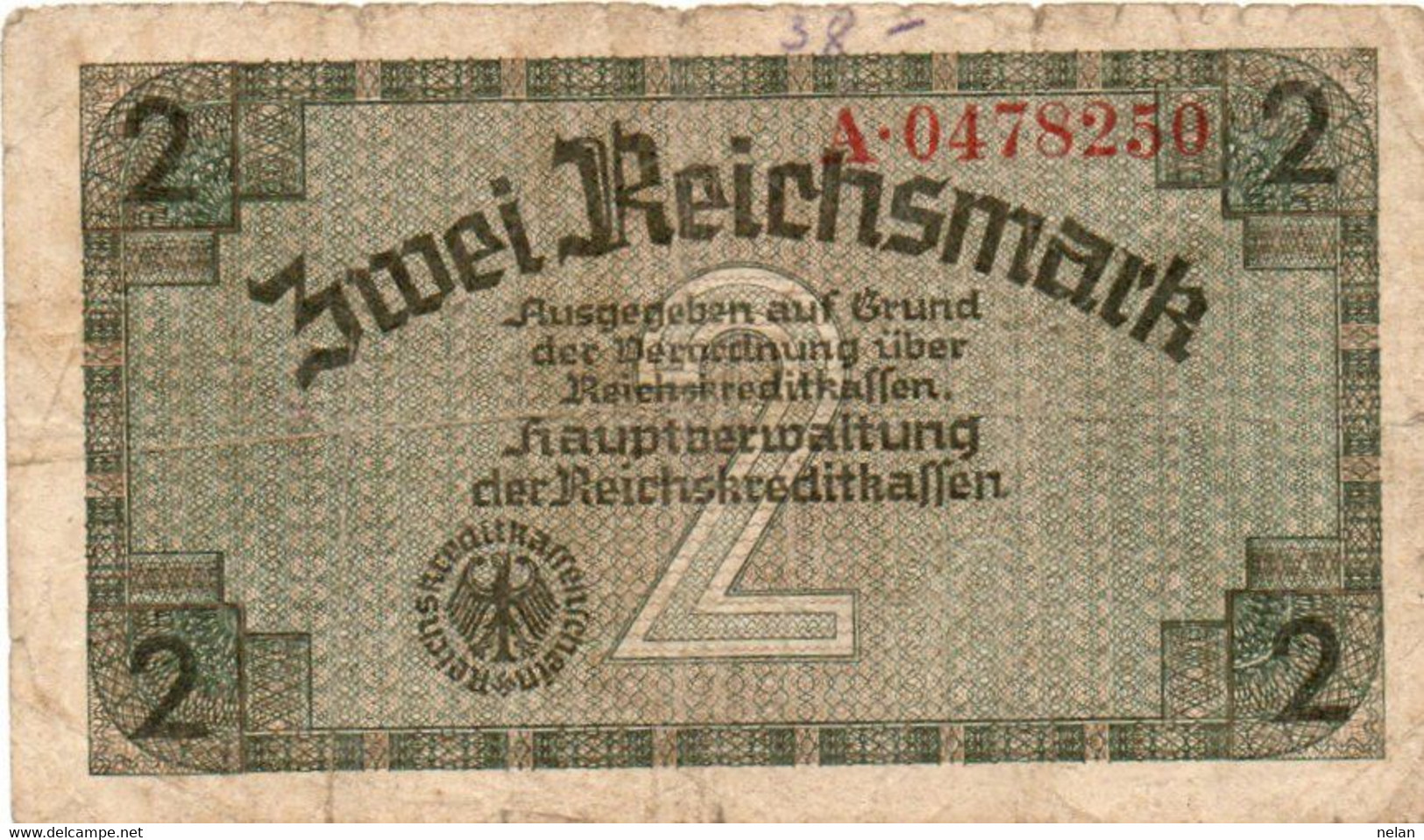 GERMANY-. 2 REICHSMARK 1940 **- Wor:P-R137a, Ros:R-552a - CIRC. - 2° Guerre Mondiale