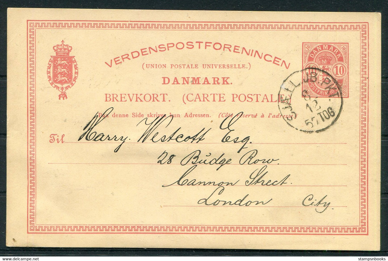 1890 Denmark 10ore Stationey Postcard Railway TPO TOG - Cannon Street, London England - Cartas & Documentos