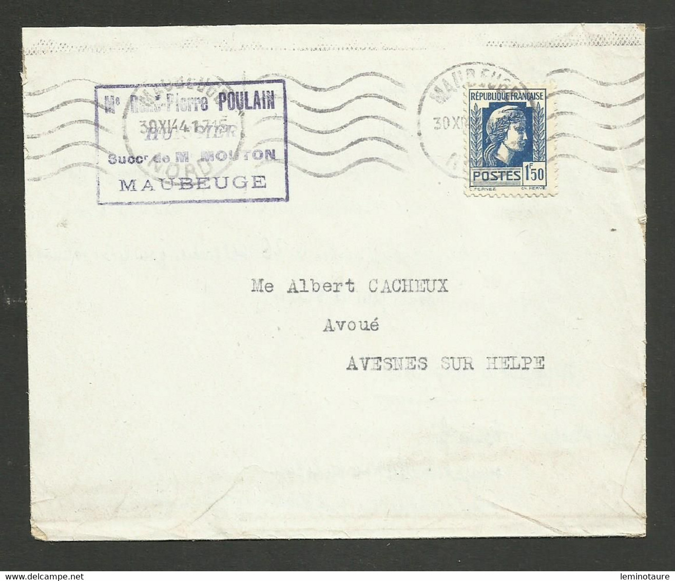 1.50 Marianne D'alger / Seul Lettre MAUBEUGE 30.11.1944 >>> AVESNES SUR HELPE - 1921-1960: Moderne