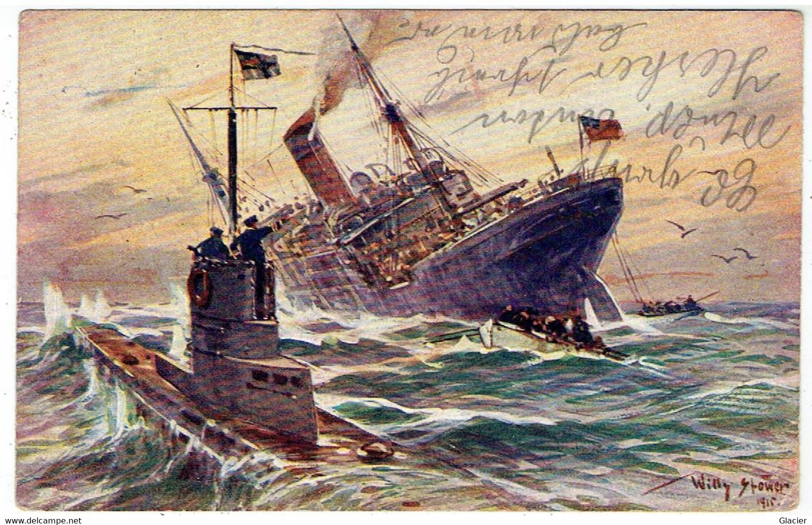 Illustrator Willy Stöwer 1915 - Vernichtung Eines Engl. Handelsdampfer Durch Eines Deutsches Unterseeboot - Feldpost - Stoewer, Willy