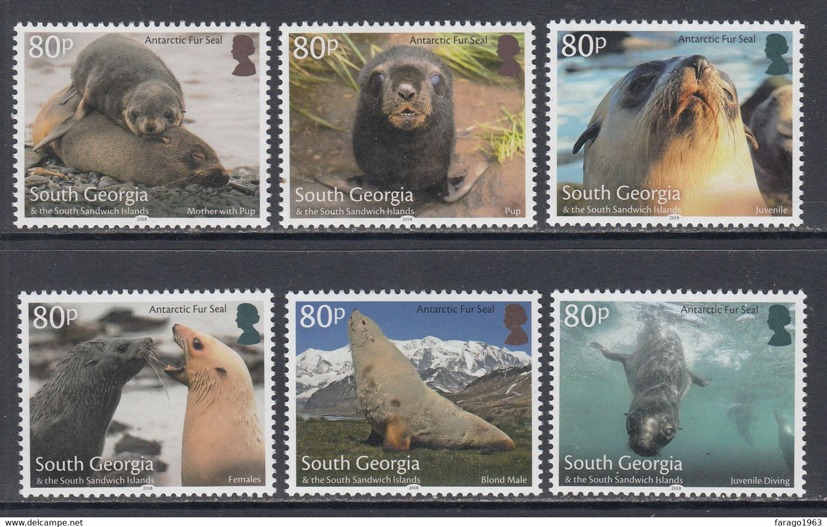 2018 South Georgia Antarctic Fur Seal Marine Mammals  Complete Set Of 6 MNH @ BELOW FACE VALUE - Géorgie Du Sud