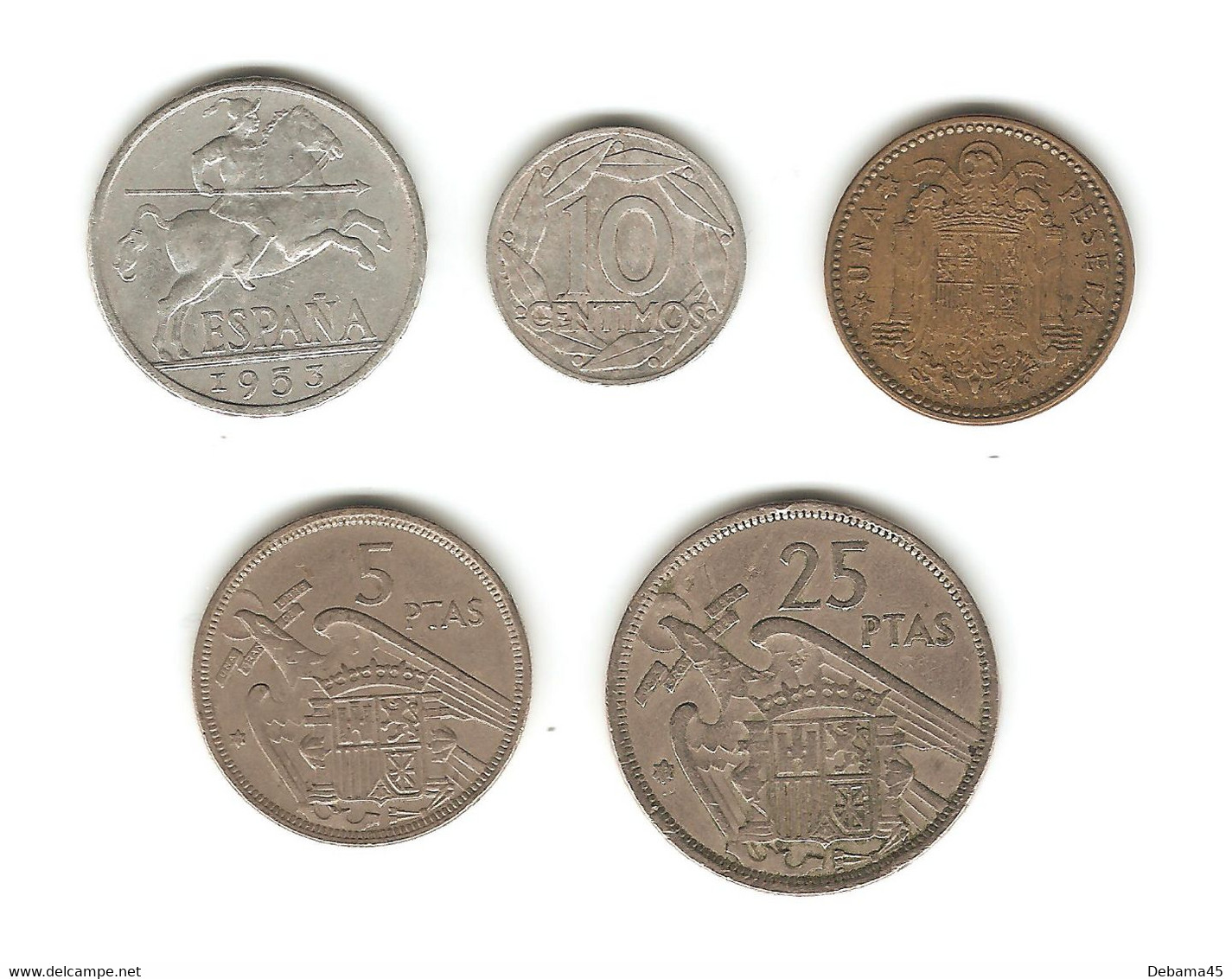 74/ Espagne : Caudillo : 10 Centimos 1953,1959 - 1 Peseta 1953 - 5 Pesetas 1957 - 25 Pesetas 1957 - 10 Céntimos