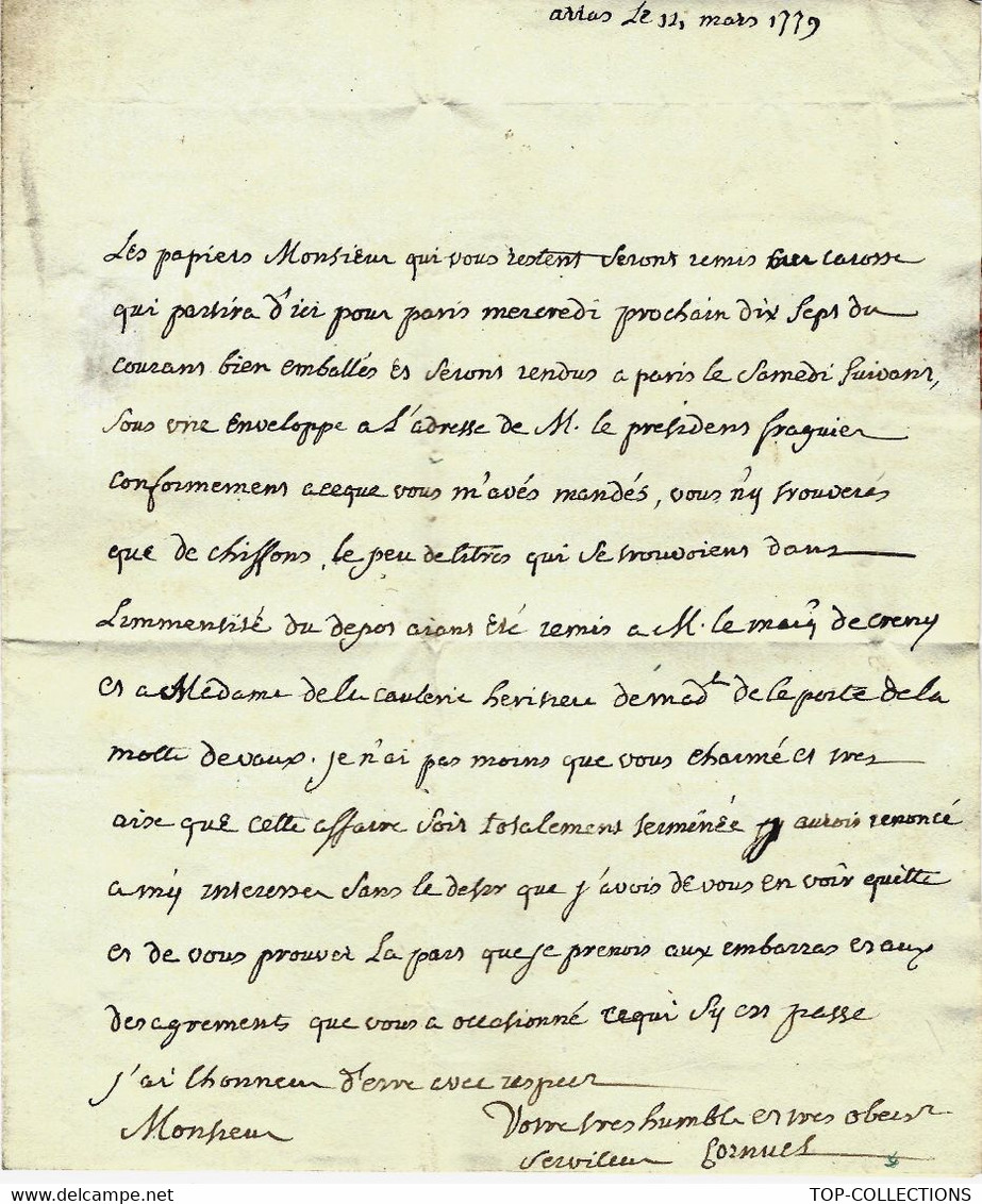 1779 ARRAS Pour MR LE MARQUIS DE LAVILLEMEREUX à PARIS NOBLESSE PAPIERS D AFFAIRES ET DE FAMILLE - Manuskripte