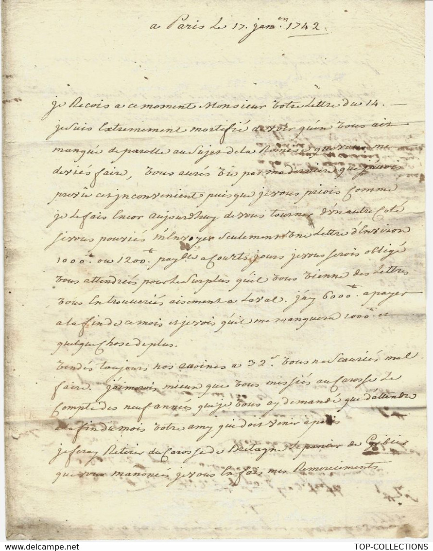 1742 De Paris INTERESSANTE LETTRE à Mr DE CHATEAUVIEUX DIRECTEUR DE LA BARONNIE Vitré EN BRETAGNE V. SCANS Et HISTORIQUE - Historical Documents