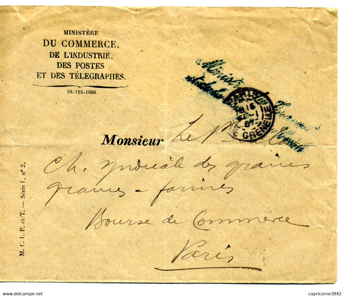 1907 - Lettre En Franchise Du "MINISTERE DU TRAVAIL ET DE LA PREVOYANCE SOCIALE" Cachet  PARIS RUE DE GRENELLE - Cartas Civiles En Franquicia