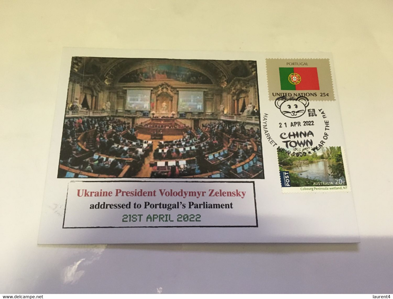 (3 H 28) UKRAINE President Address To Portugal Parliament (21st April 2022) With OZ Map Stamp + Portugal Flag Stamp - Covers & Documents