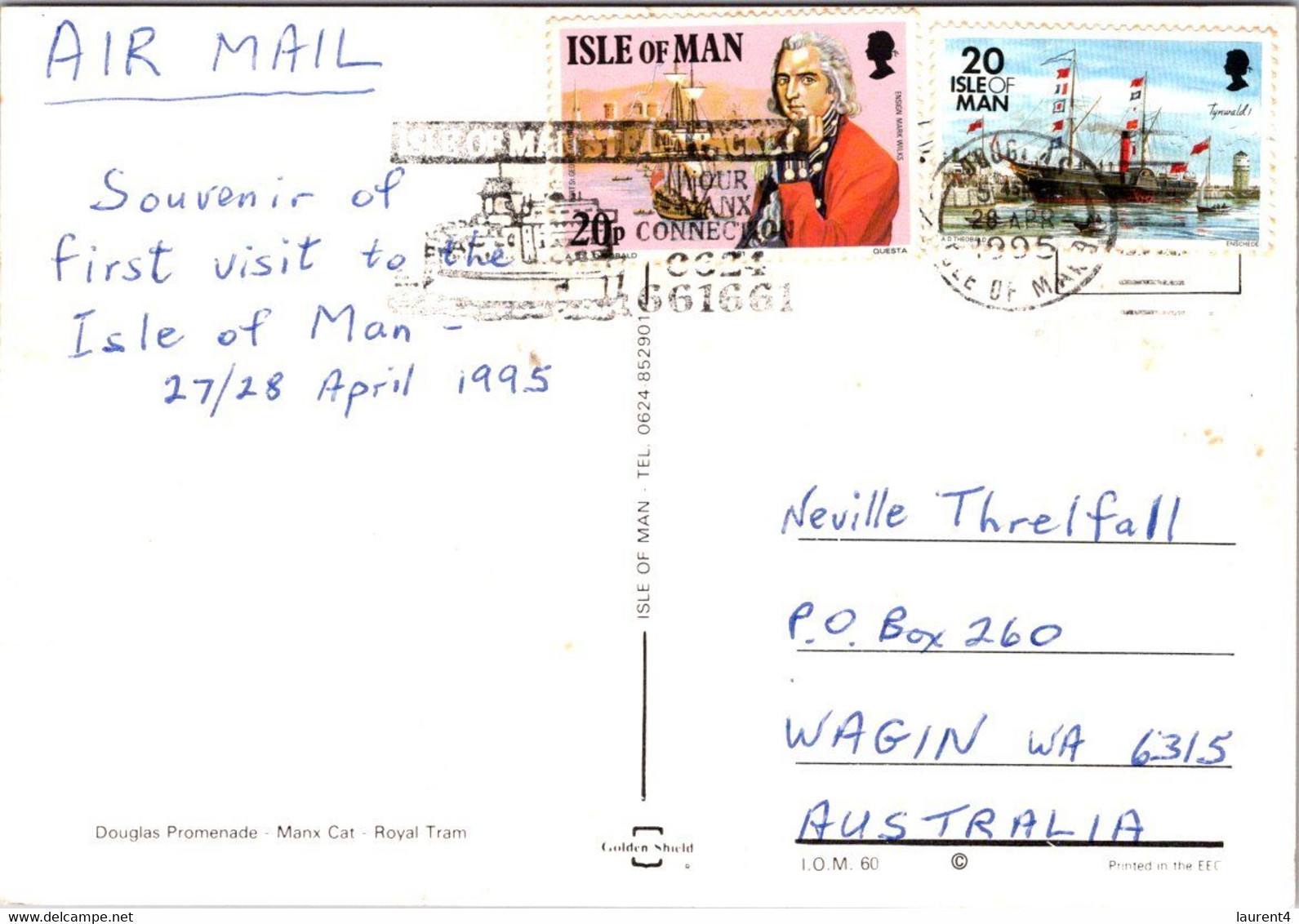 (3 H 26) Isle Of Man (posted To Australia 1995) - Douglas & Manx Cat - Isle Of Man