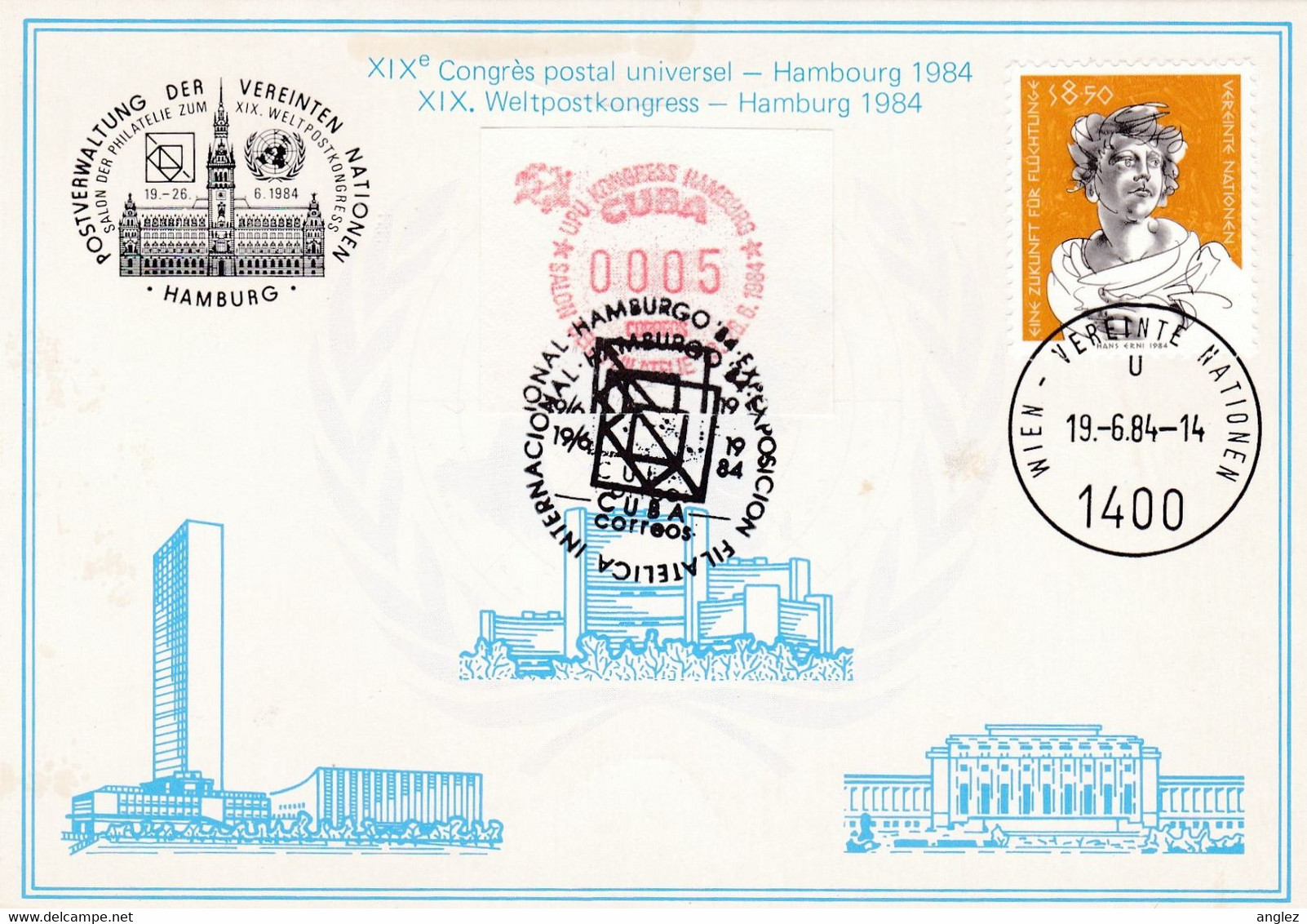 United Nations Vienna - 1984 UPU Congress Postcard With Cuba ATM / Frama Stamp - Cartas & Documentos