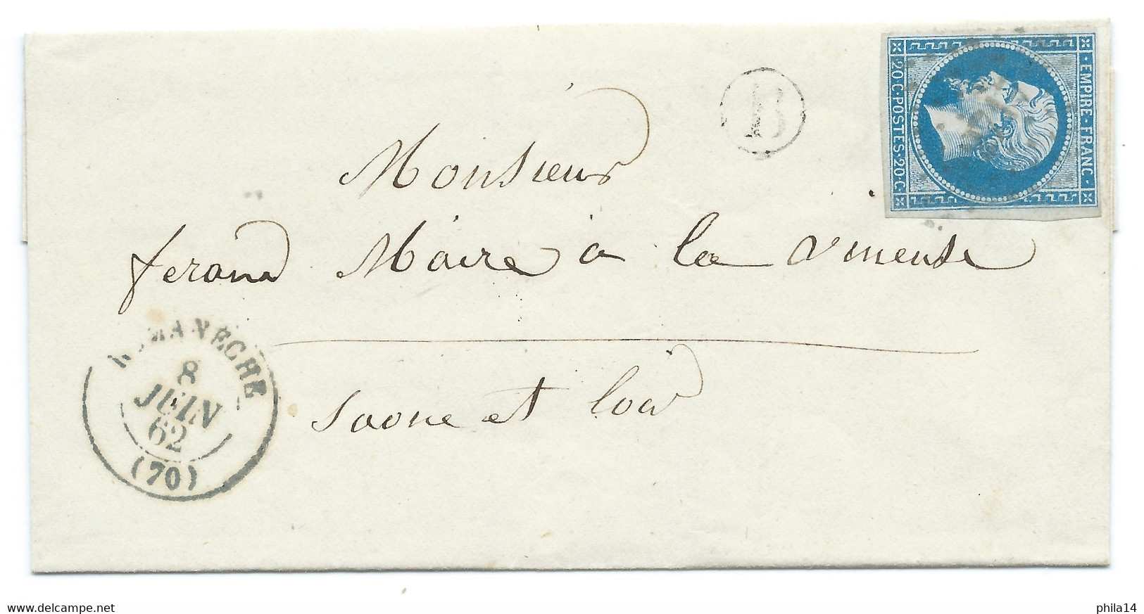 N° 14 BLEU NAPOLEON SUR LETTRE / ROMANECHE POUR VINEUSE / 8 JUIN 1862 / BR B NI - 1849-1876: Classic Period