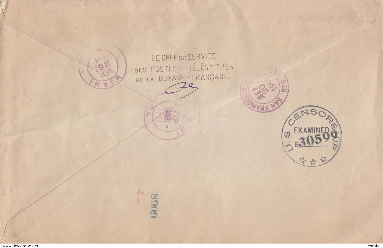 LETTRE. GUYANE. 19 9 44. RECOMMANDE CAYENNE POUR SAN FRANCISCO. USA. SERIE PA.11-18AVEC LE TRES RARE CACHET FRANCE LIBRE - Brieven En Documenten