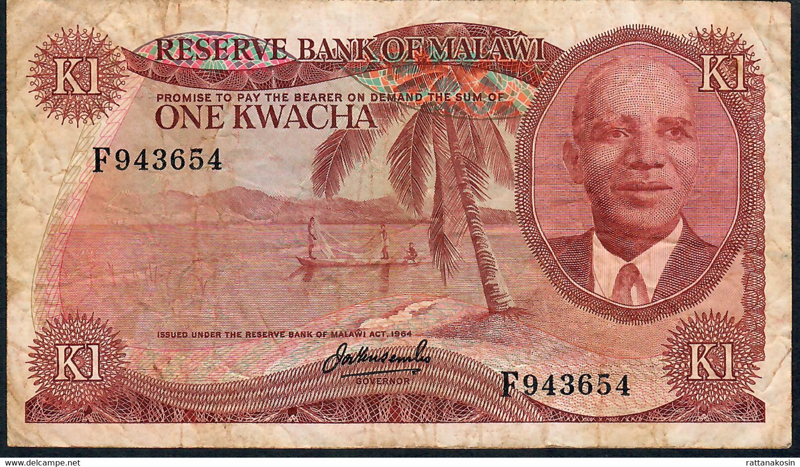 MALAWI P10a 1 KWACHA 1973 #F  Signature 3a FIRST SIGNATURE FINE NO P.h. - Malawi