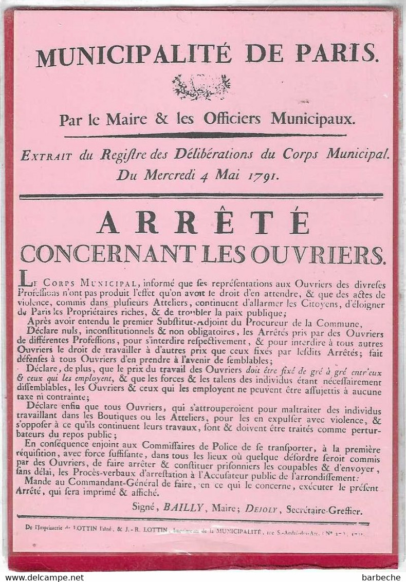 MUNICIPALITE DE PARIS  - ARRETE CONCERNANT LES OUVRIERS - Histoire