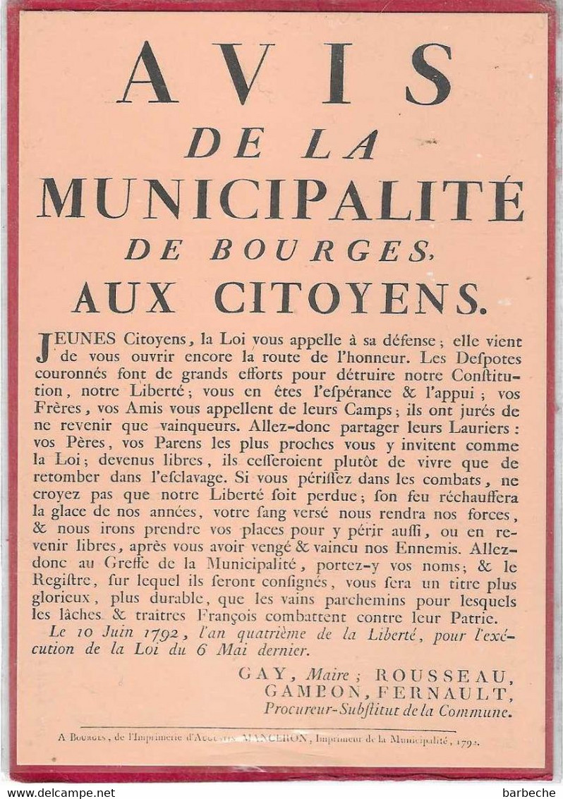 AVIS DE LA MUNICIPALITE DE BOURGES AUX CITOYENS - Histoire