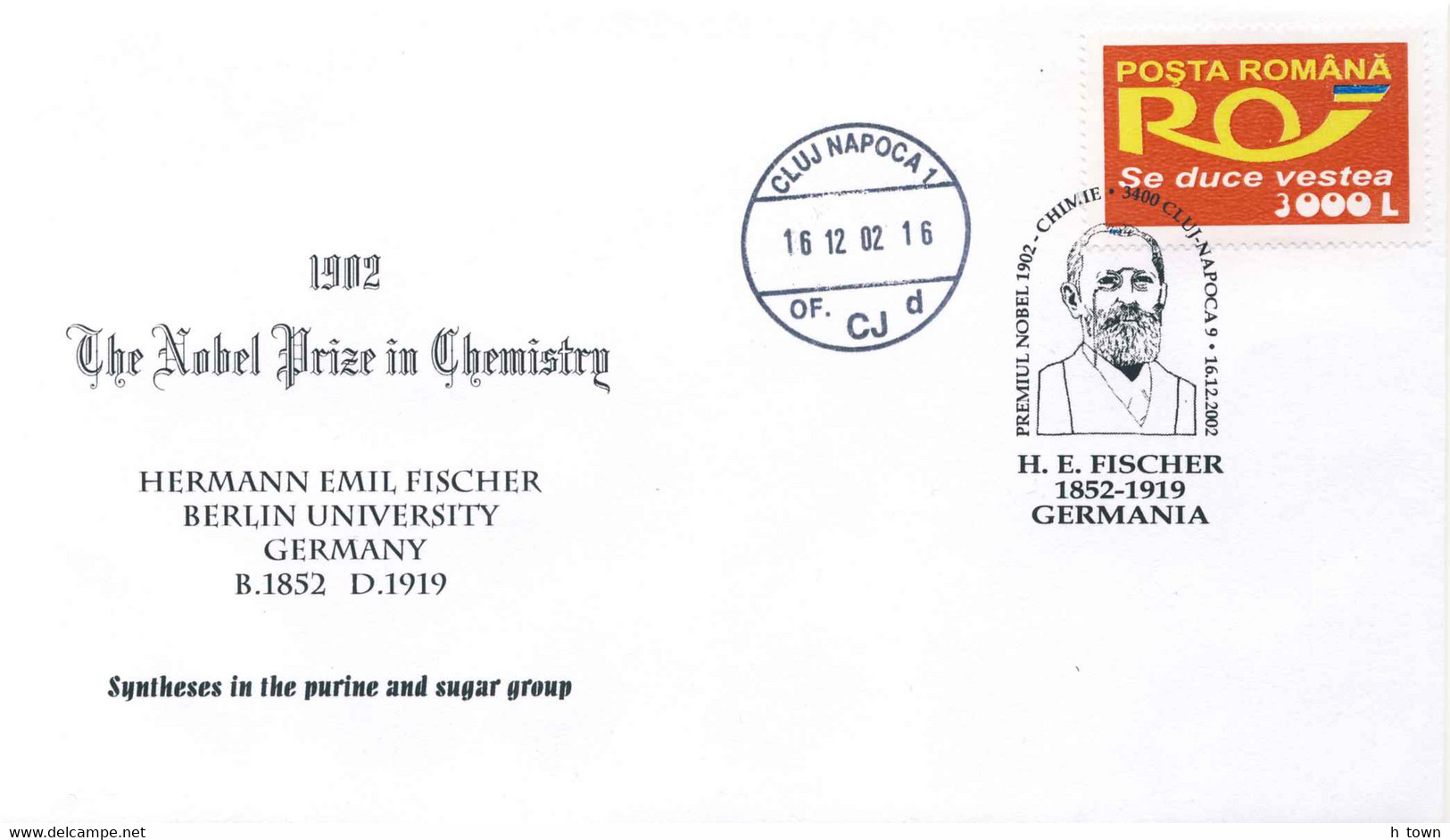 921  Prix Nobel Chimie 1902: H. E. Fischer. Oblit. Temp. + Env. Commemorative 2002 - Syntheses Purine Sugar - Chemistry