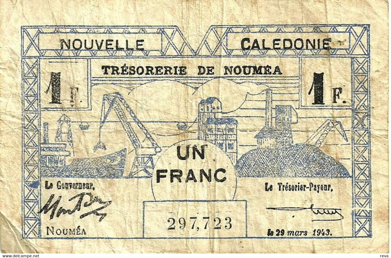 NEW CALEDONIA 1 FRANC BLACK MINE FRONT ANIMAL BACK DATED 29-03-1943 (BACK 29-01-43) P55 F+ READ DESCRIPTION!! - Nouvelle-Calédonie 1873-1985