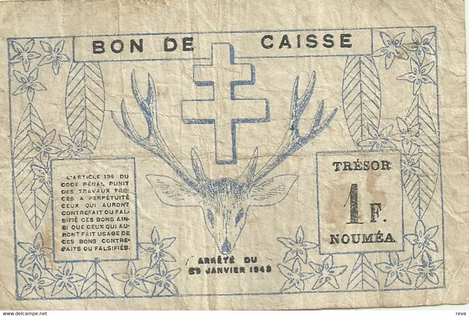 NEW CALEDONIA 1 FRANC BLACK MINE FRONT ANIMAL BACK DATED 29-03-1943 (BACK 29-01-43) P55 F+ READ DESCRIPTION!! - Nouméa (New Caledonia 1873-1985)