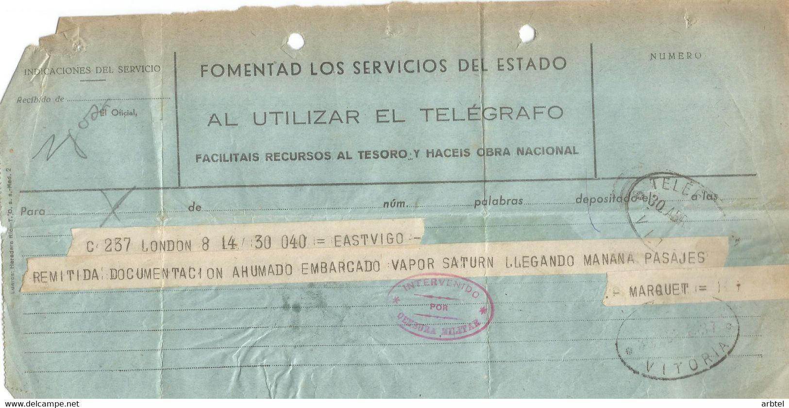 TELEGRAMA 1937 GUERRA CIVIL DE LONDRES A VITORIA MAT TELEGRAFOS Y CENSURA MILITAR TELEGRAFOS - Télégraphe