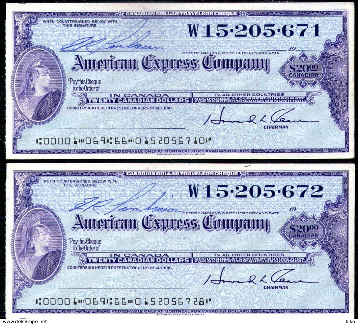 American Express Travelers Cheques  VINTAGE 2 X 20 Canadian Dollars,as Scan - Canada