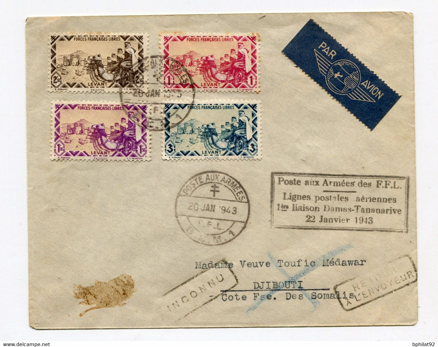 !!! LEVANT, FFL, LIGNES POSTALES AERIENNES 1ERE LIAISON DAMAS - TANANARIVE, LETTRE DE BEYROUTH POUR DJIBOUTI 20/1/1943 - Lettres & Documents