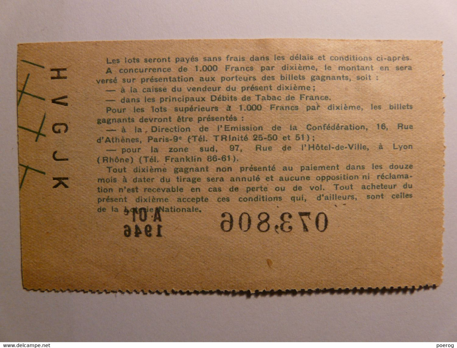 ANCIEN BILLET DE LOTERIE DE 1946 - A-01e N°073806 Avec Son TIMBRE Confédération Débitants De Tabac - Ticket De Loterie - Billets De Loterie