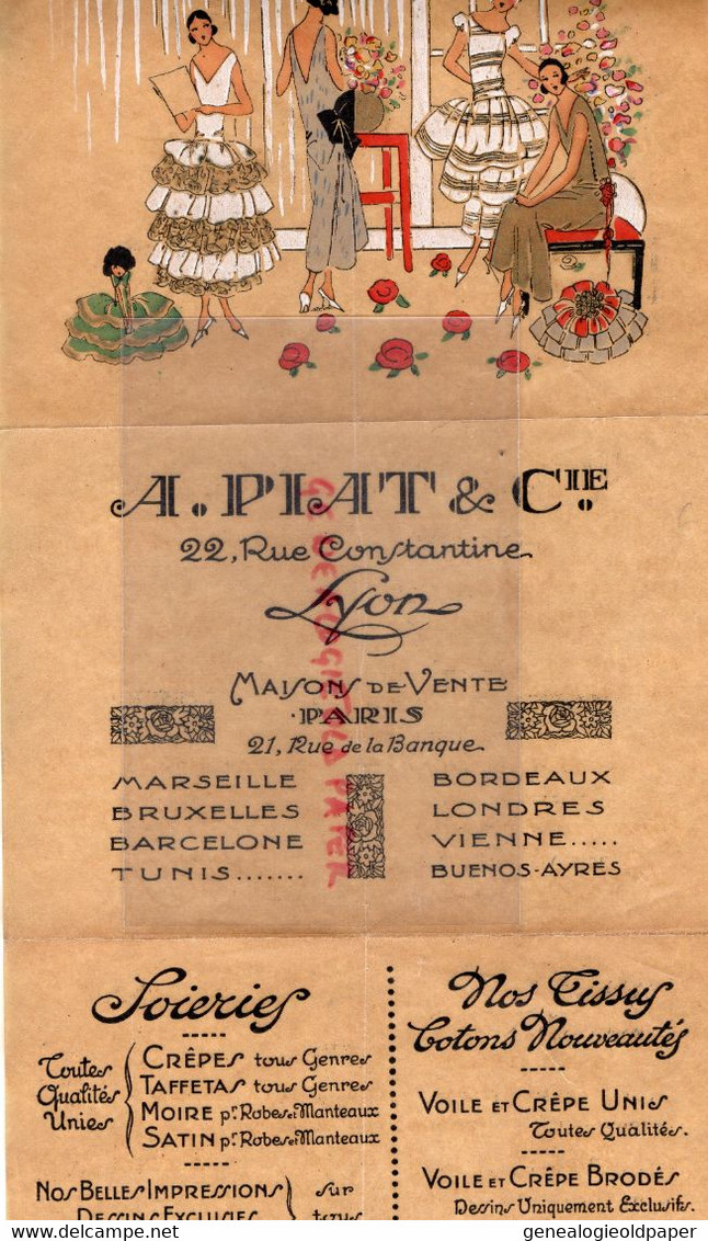 69- LYON- RARE PUBLICITES A. PIAT -SOIERIES -22 RUE CONSTANTINE-PARIS-MARSEILLE-BORDEAUX-LONDRES-VIENNE-BUENOS AIRES- - Reclame