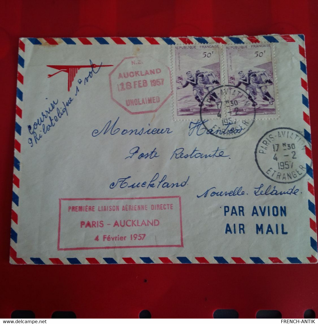 LETTRE PARIS AUCKLAND PREMIER LIAISON AERIENNE DIRECTE 1957 - Covers & Documents