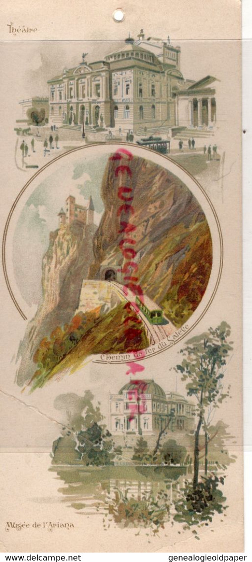 SUISSE-GENEVE-  PUBLICITE CHROMO LITHO CARTONNEE-  THEATRE-CHEMIN DE FER DU SALEVE-MUSEE DE L' ARIANA - Autres & Non Classés