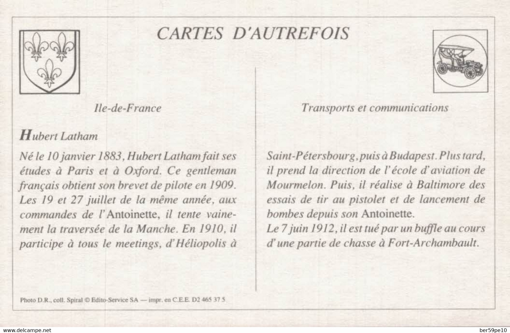CARTE D'AUTREFOIS  TRANSPORTS ET COMMUNICATIONS ILE-DE-FRANCE HUBERT LATHAM - Ile-de-France