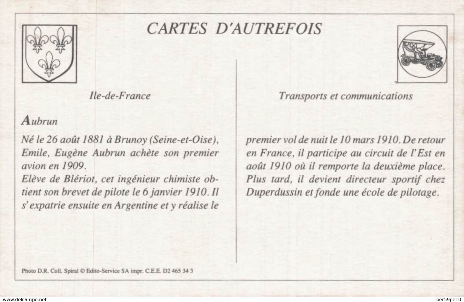 CARTE D'AUTREFOIS  TRANSPORTS ET COMMUNICATIONS ILE-DE-FRANCE AUBRUN - Ile-de-France