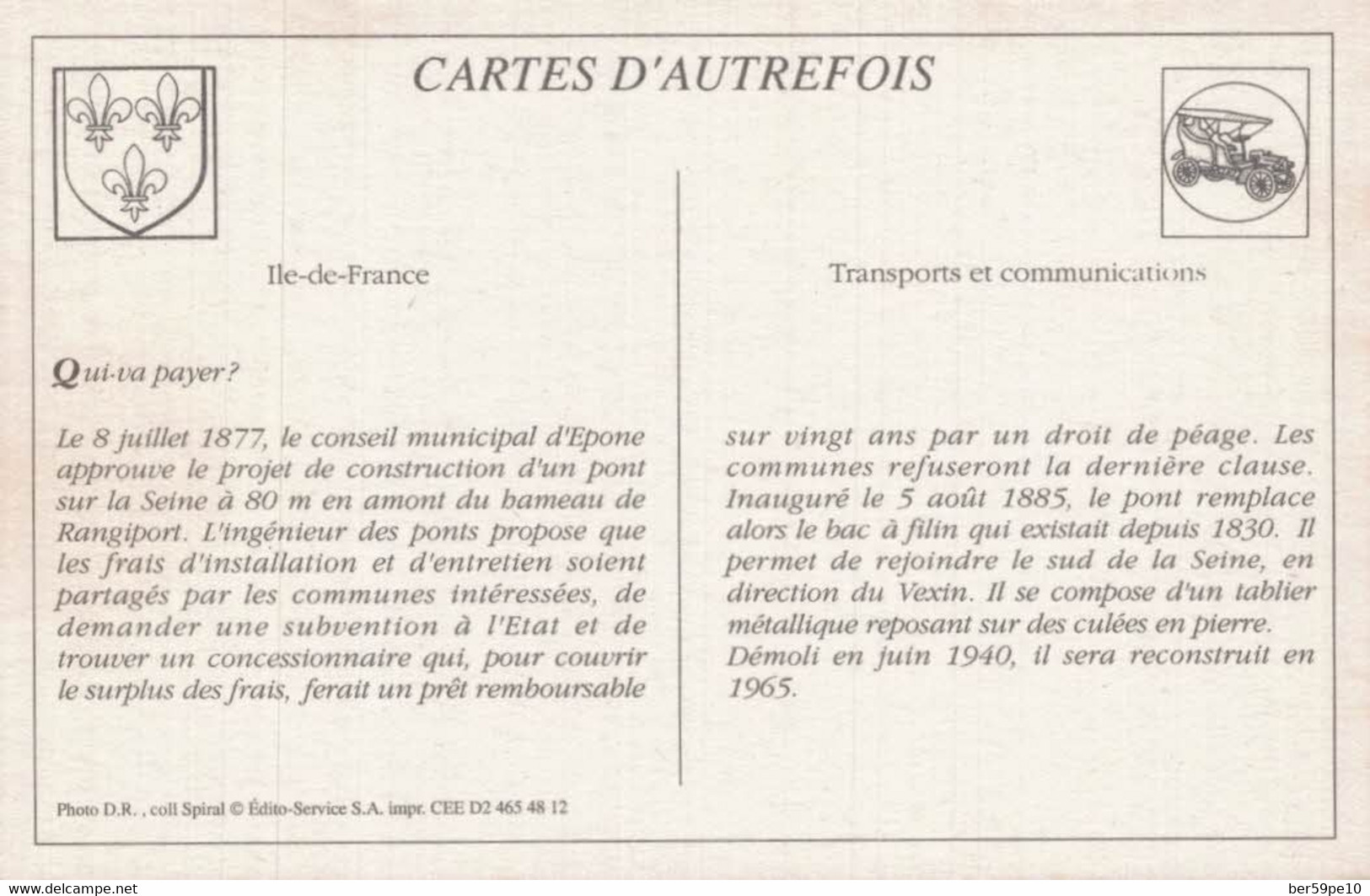 CARTE D'AUTREFOIS  TRANSPORTS ET COMMUNICATIONS ILE-DE-FRANCE QUI VA PAYER ? - Ile-de-France